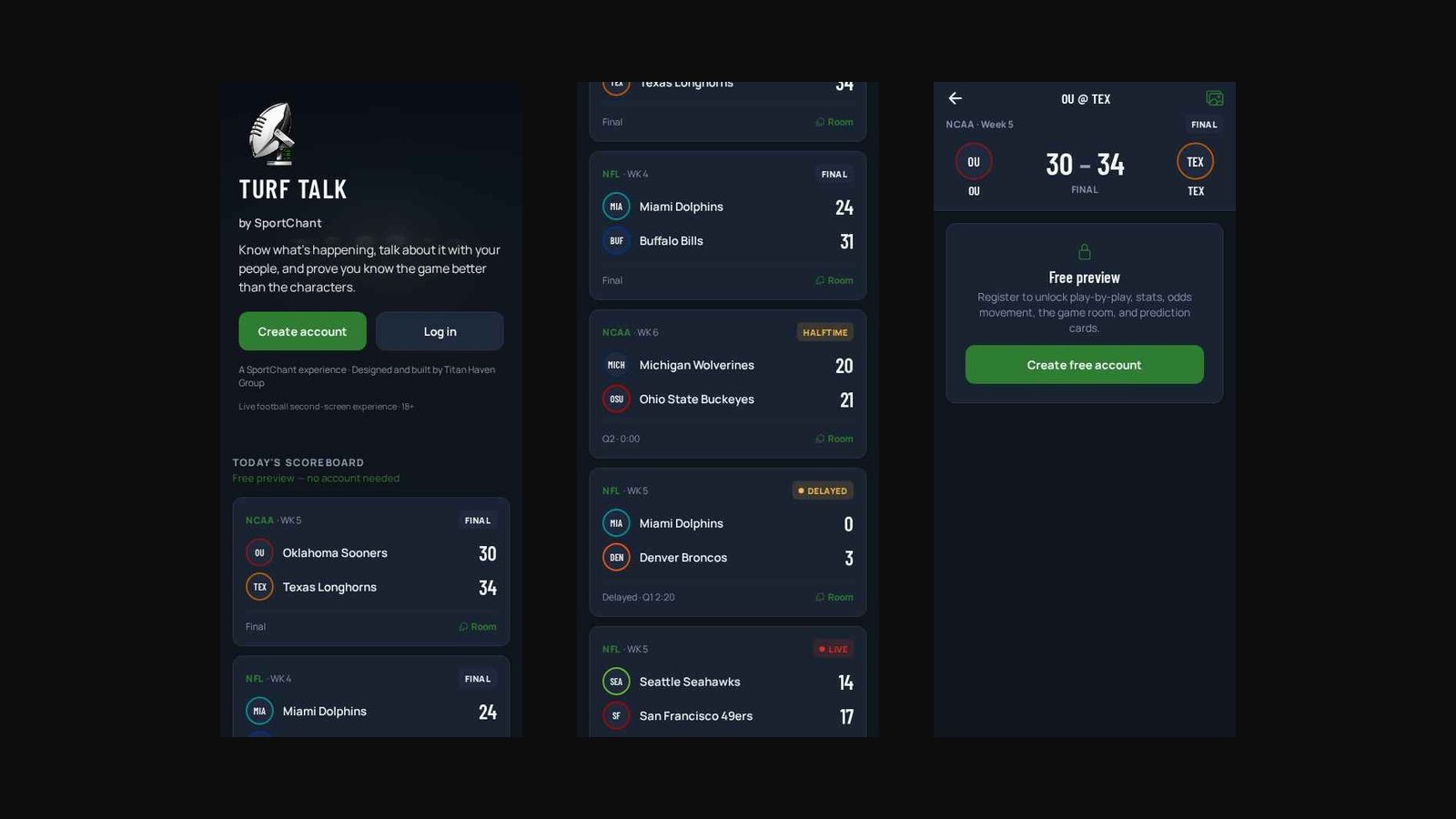 Turf Talk mobile app — three phone screens: today's slate, every game state, and the matchup view